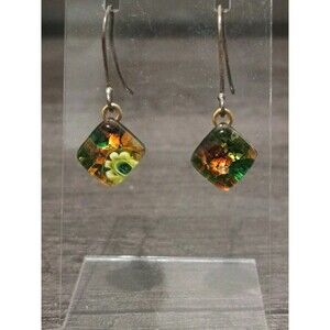 Murano Glass Sterling Ear Wire Green Orange Yellow Vintage Earrings Marked